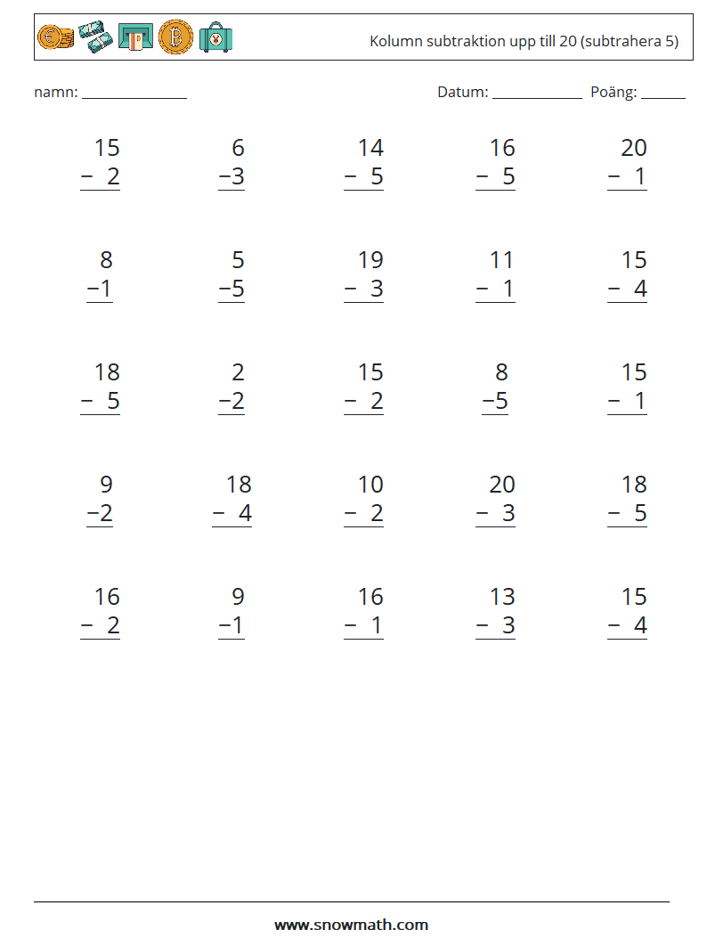 (25) Kolumn subtraktion upp till 20 (subtrahera 5) Matematiska arbetsblad 10