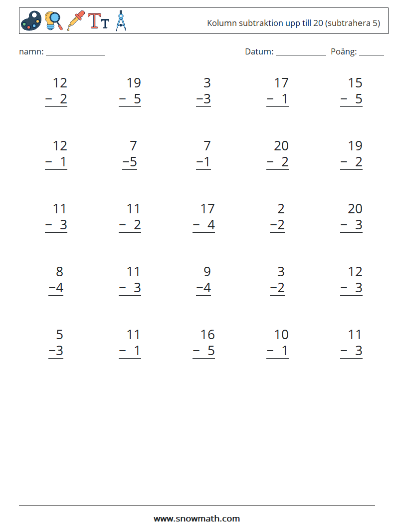 (25) Kolumn subtraktion upp till 20 (subtrahera 5) Matematiska arbetsblad 11