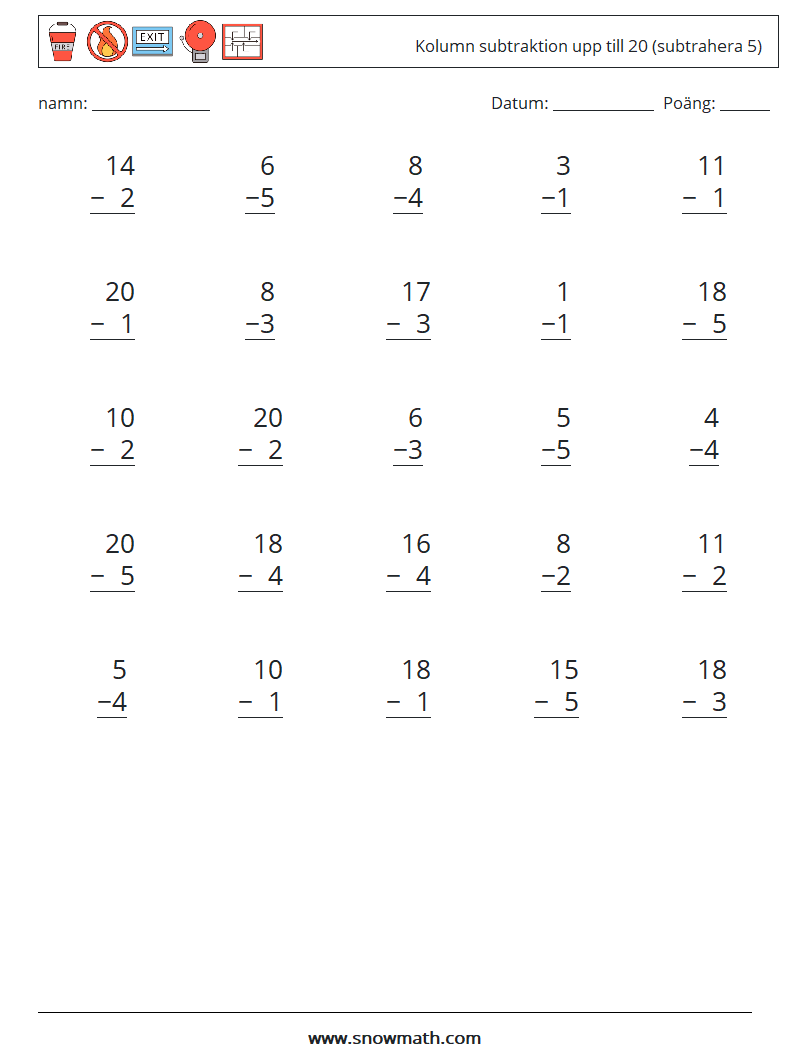 (25) Kolumn subtraktion upp till 20 (subtrahera 5) Matematiska arbetsblad 12
