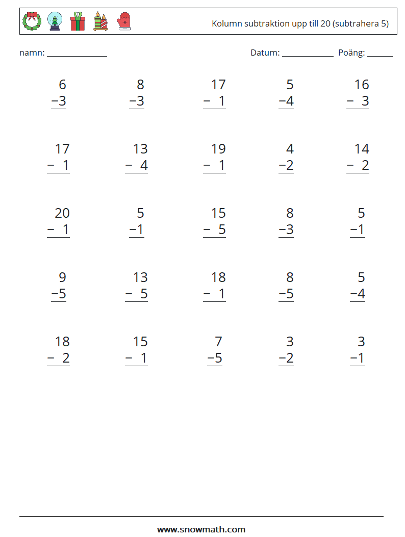 (25) Kolumn subtraktion upp till 20 (subtrahera 5) Matematiska arbetsblad 13