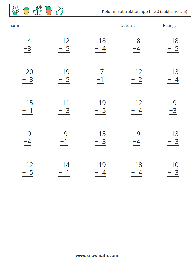 (25) Kolumn subtraktion upp till 20 (subtrahera 5) Matematiska arbetsblad 14