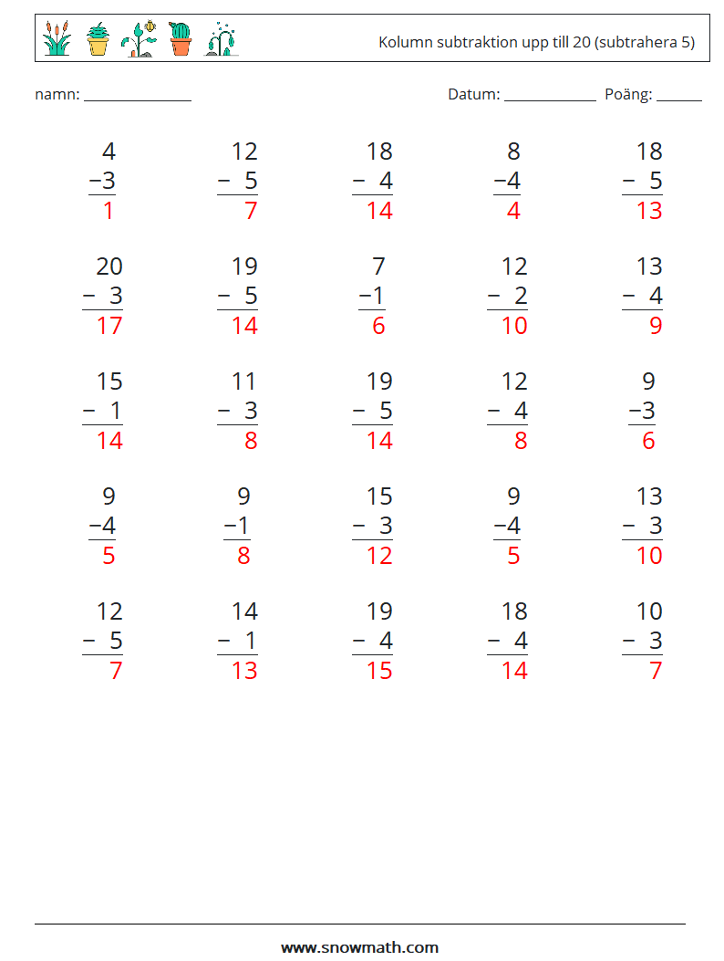 (25) Kolumn subtraktion upp till 20 (subtrahera 5) Matematiska arbetsblad 14 Fråga, svar