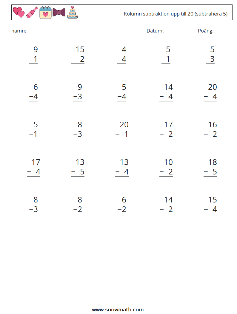 (25) Kolumn subtraktion upp till 20 (subtrahera 5) Matematiska arbetsblad 15