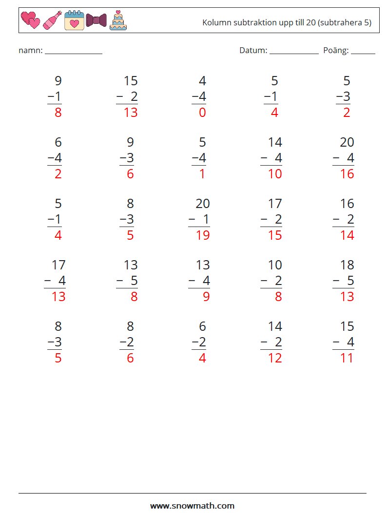 (25) Kolumn subtraktion upp till 20 (subtrahera 5) Matematiska arbetsblad 15 Fråga, svar