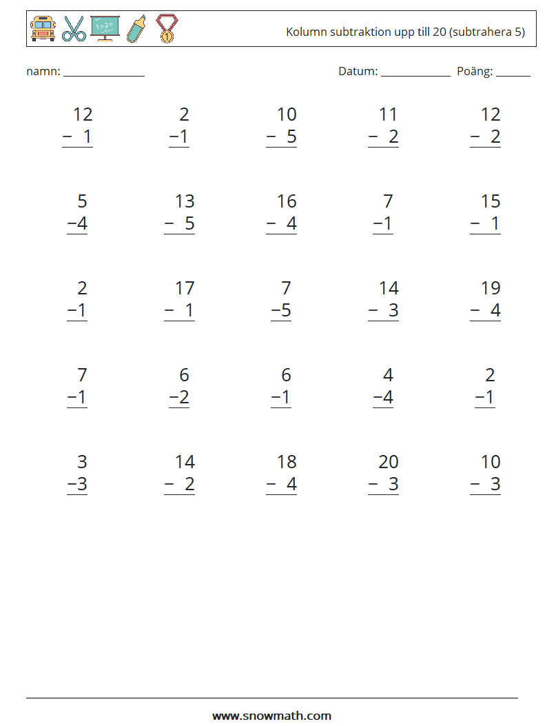 (25) Kolumn subtraktion upp till 20 (subtrahera 5) Matematiska arbetsblad 16