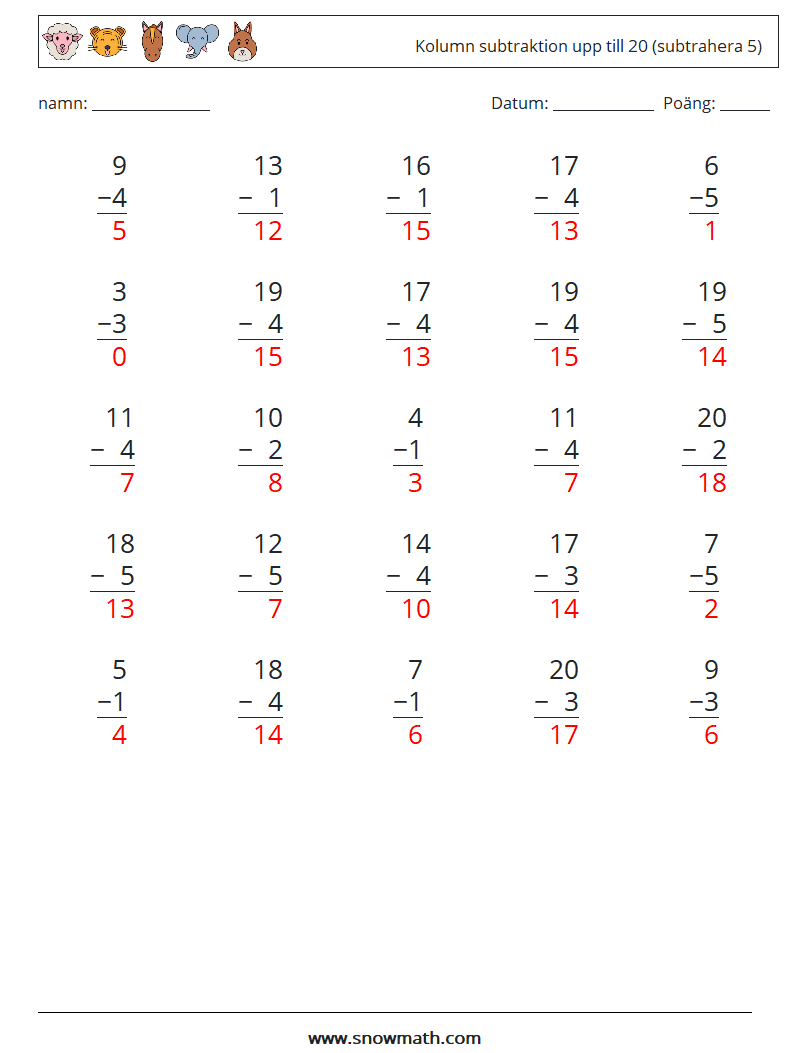 (25) Kolumn subtraktion upp till 20 (subtrahera 5) Matematiska arbetsblad 17 Fråga, svar