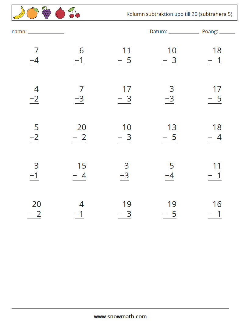 (25) Kolumn subtraktion upp till 20 (subtrahera 5) Matematiska arbetsblad 18