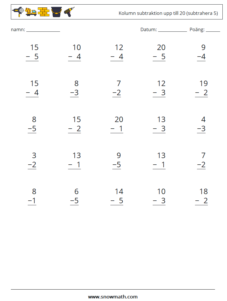 (25) Kolumn subtraktion upp till 20 (subtrahera 5) Matematiska arbetsblad 2