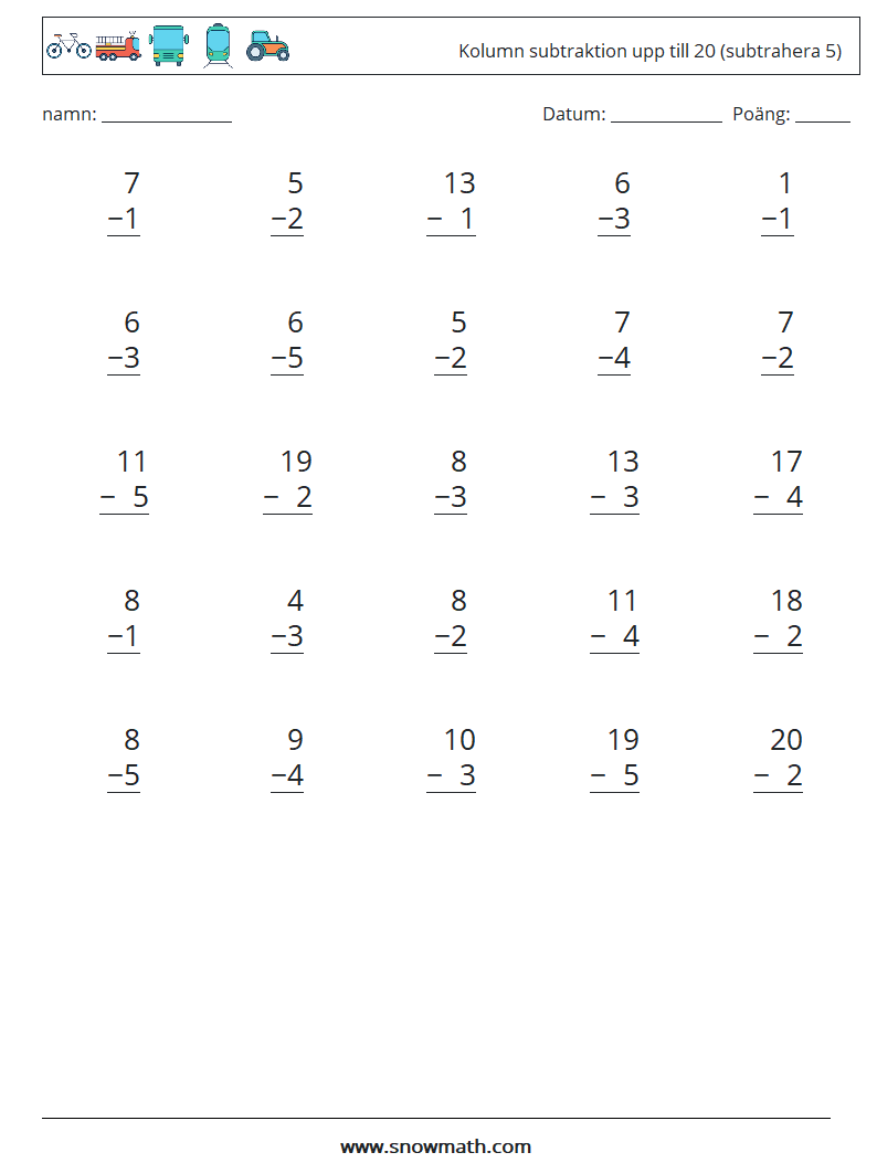 (25) Kolumn subtraktion upp till 20 (subtrahera 5) Matematiska arbetsblad 3