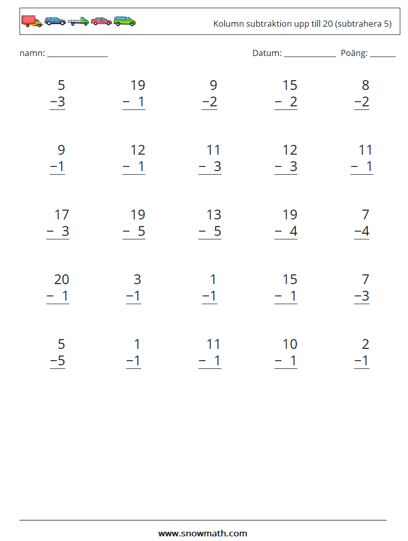 (25) Kolumn subtraktion upp till 20 (subtrahera 5) Matematiska arbetsblad 4