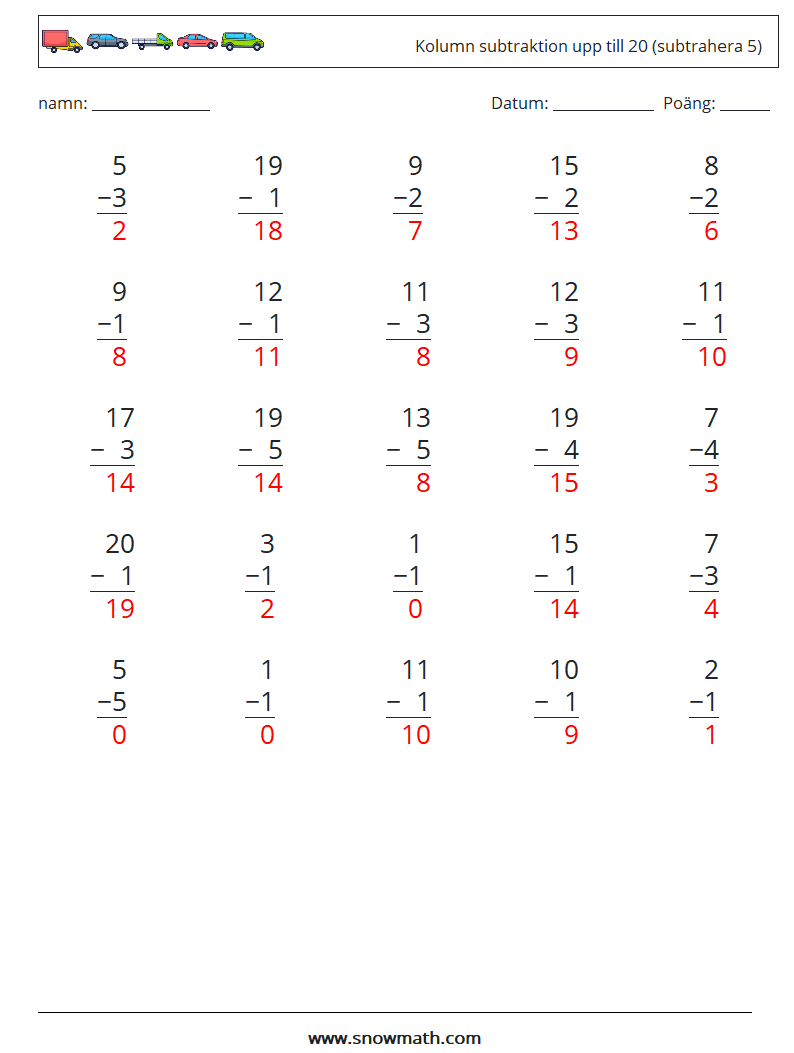 (25) Kolumn subtraktion upp till 20 (subtrahera 5) Matematiska arbetsblad 4 Fråga, svar