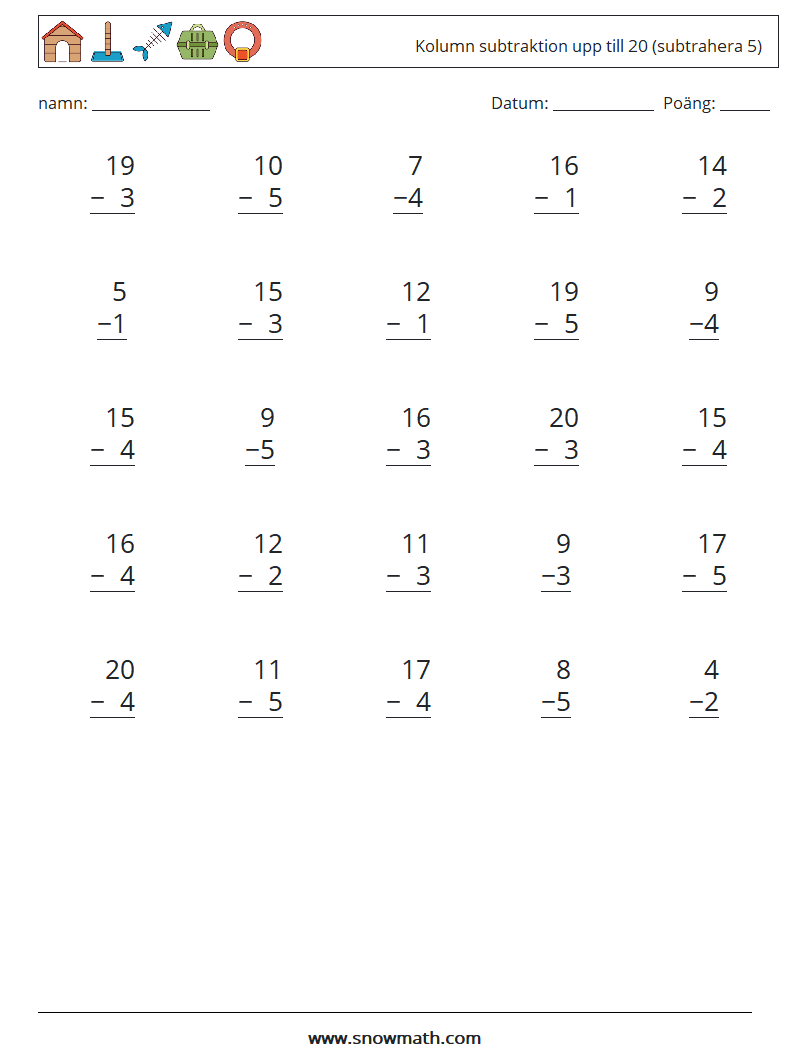 (25) Kolumn subtraktion upp till 20 (subtrahera 5) Matematiska arbetsblad 5
