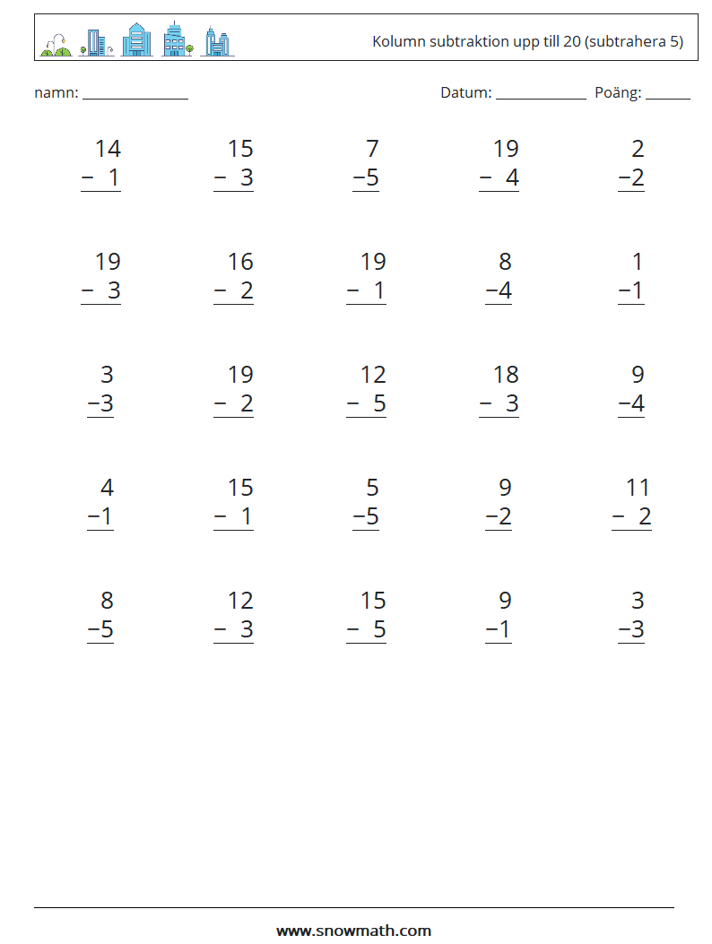 (25) Kolumn subtraktion upp till 20 (subtrahera 5) Matematiska arbetsblad 6
