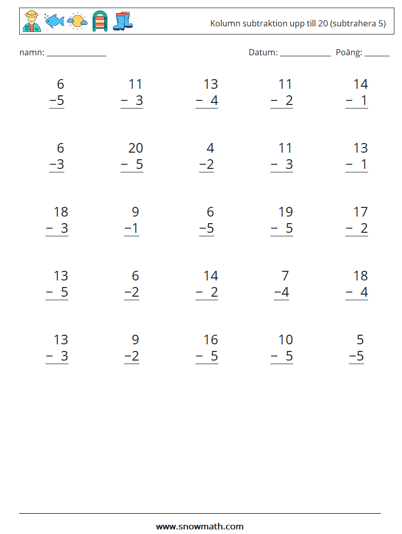 (25) Kolumn subtraktion upp till 20 (subtrahera 5) Matematiska arbetsblad 8