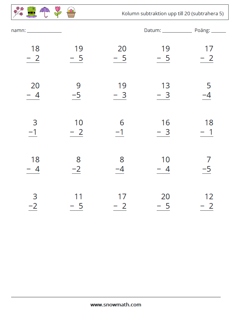 (25) Kolumn subtraktion upp till 20 (subtrahera 5) Matematiska arbetsblad 9