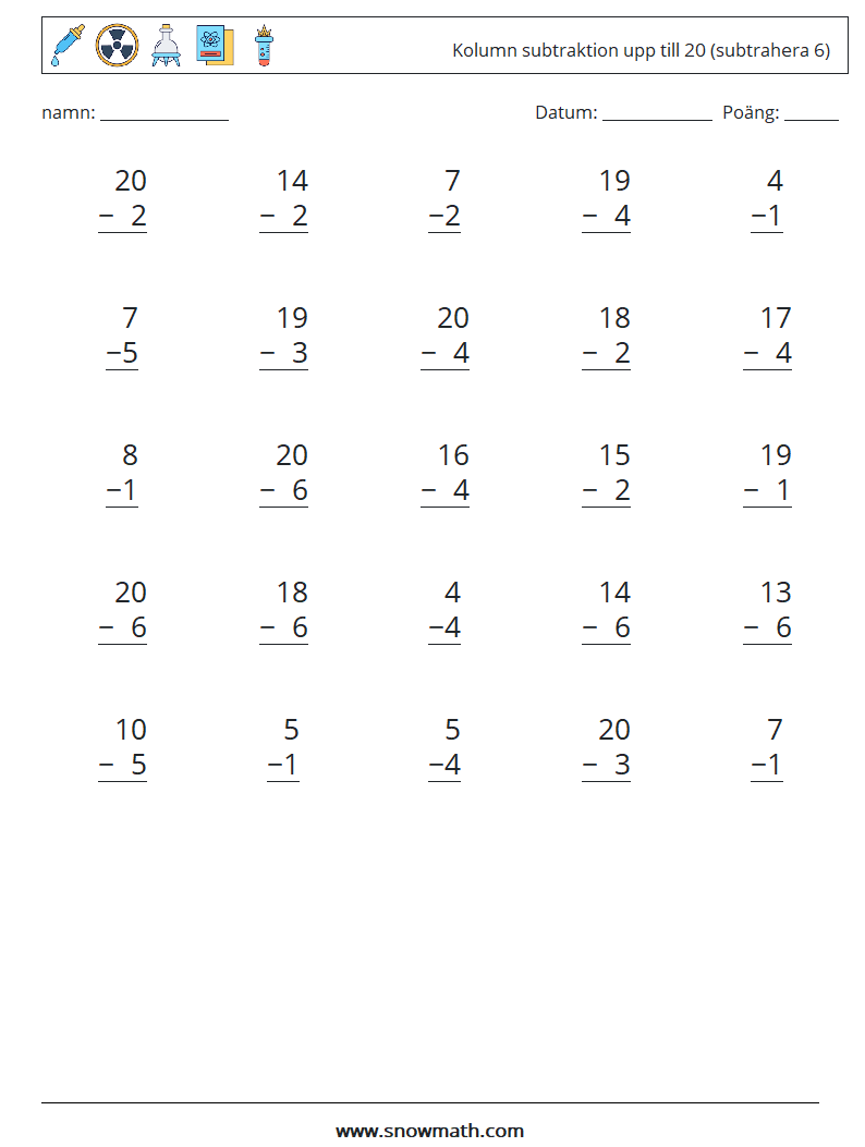 (25) Kolumn subtraktion upp till 20 (subtrahera 6) Matematiska arbetsblad 1