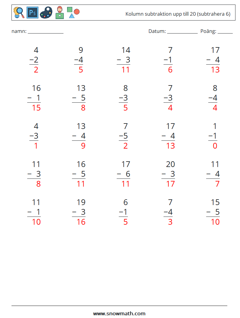 (25) Kolumn subtraktion upp till 20 (subtrahera 6) Matematiska arbetsblad 13 Fråga, svar