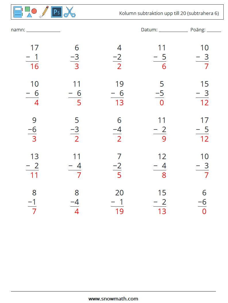 (25) Kolumn subtraktion upp till 20 (subtrahera 6) Matematiska arbetsblad 14 Fråga, svar