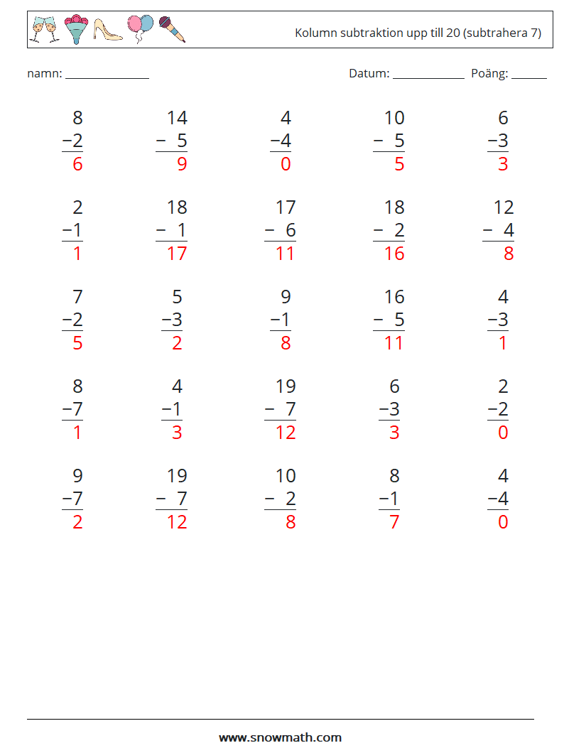 (25) Kolumn subtraktion upp till 20 (subtrahera 7) Matematiska arbetsblad 15 Fråga, svar