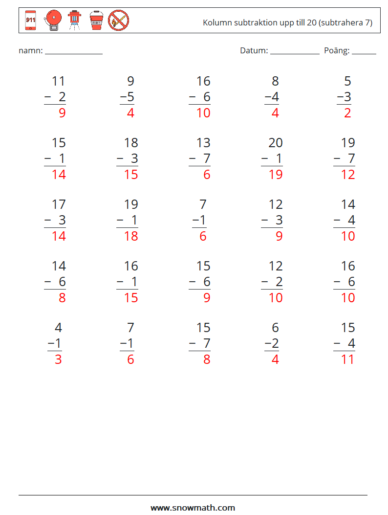 (25) Kolumn subtraktion upp till 20 (subtrahera 7) Matematiska arbetsblad 16 Fråga, svar