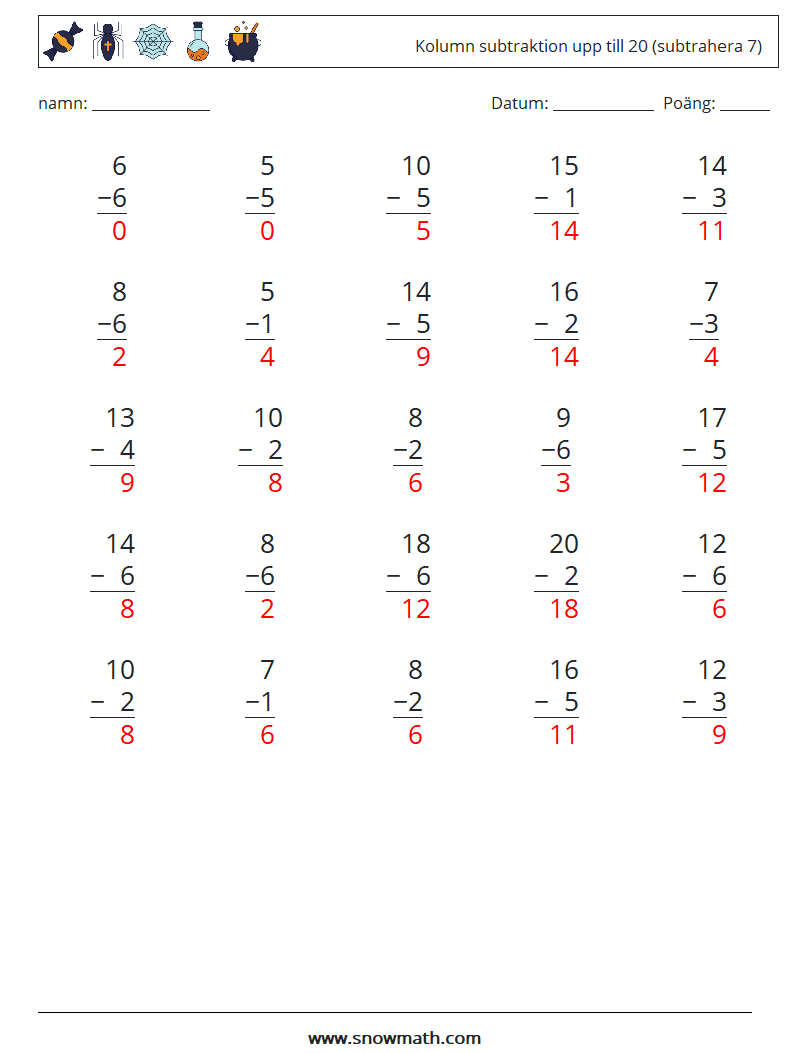 (25) Kolumn subtraktion upp till 20 (subtrahera 7) Matematiska arbetsblad 18 Fråga, svar