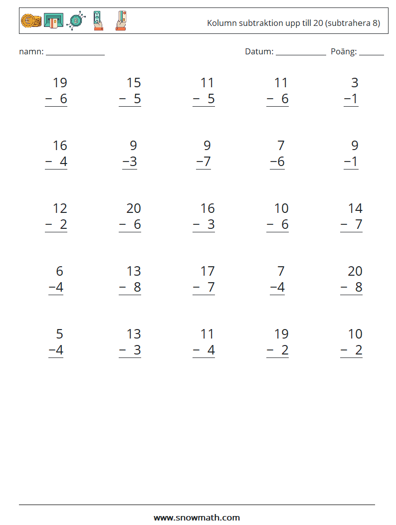 (25) Kolumn subtraktion upp till 20 (subtrahera 8) Matematiska arbetsblad 1