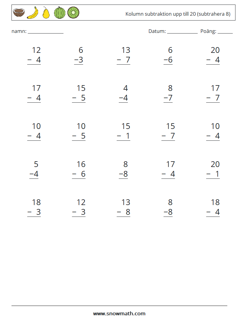 (25) Kolumn subtraktion upp till 20 (subtrahera 8) Matematiska arbetsblad 10