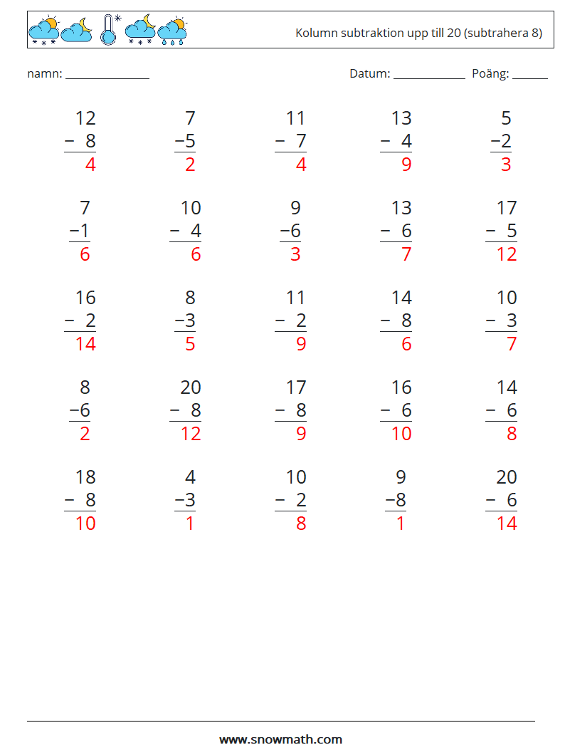 (25) Kolumn subtraktion upp till 20 (subtrahera 8) Matematiska arbetsblad 11 Fråga, svar