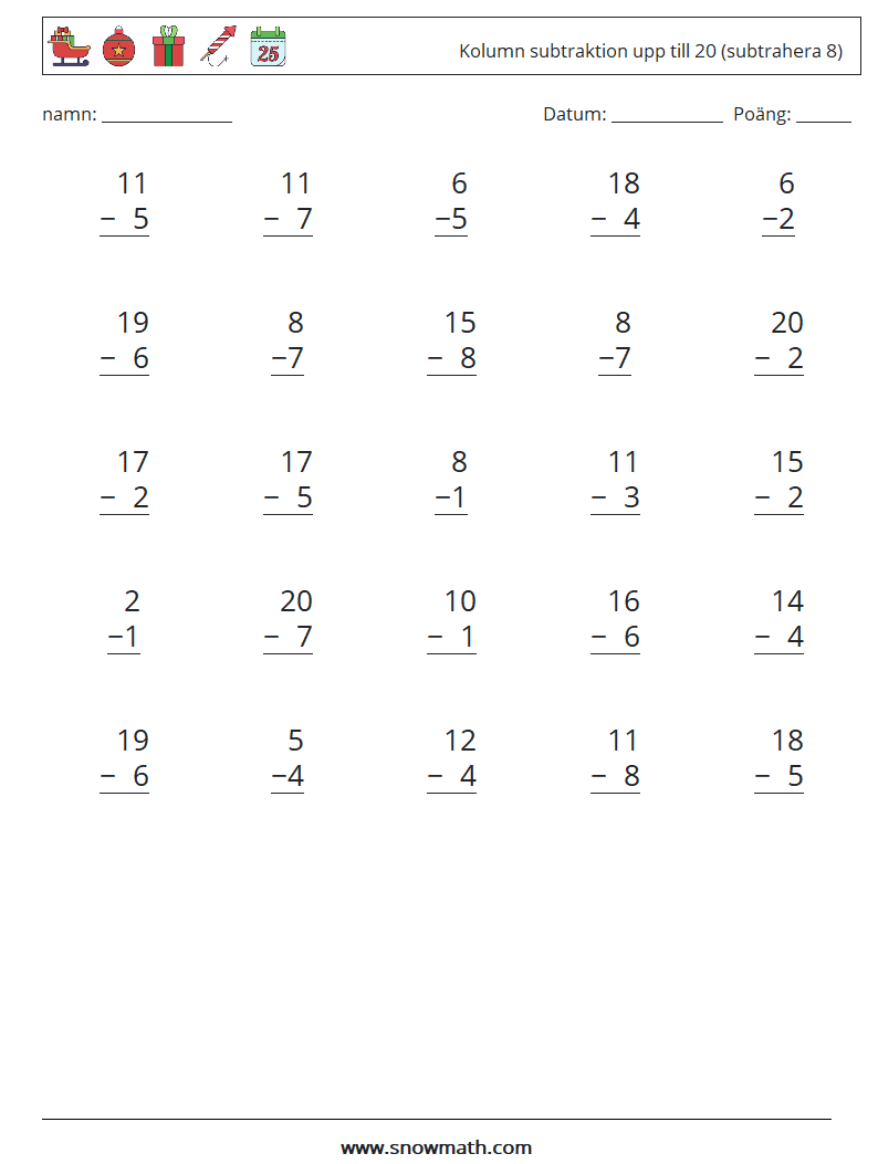 (25) Kolumn subtraktion upp till 20 (subtrahera 8) Matematiska arbetsblad 12