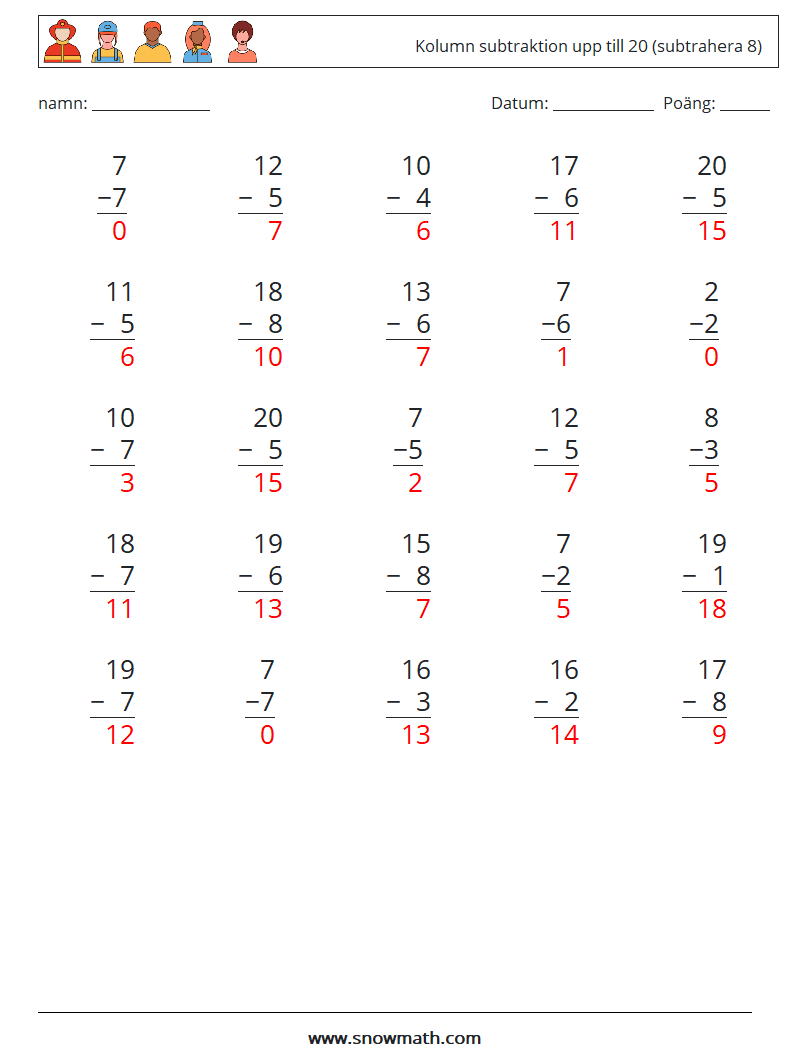 (25) Kolumn subtraktion upp till 20 (subtrahera 8) Matematiska arbetsblad 13 Fråga, svar