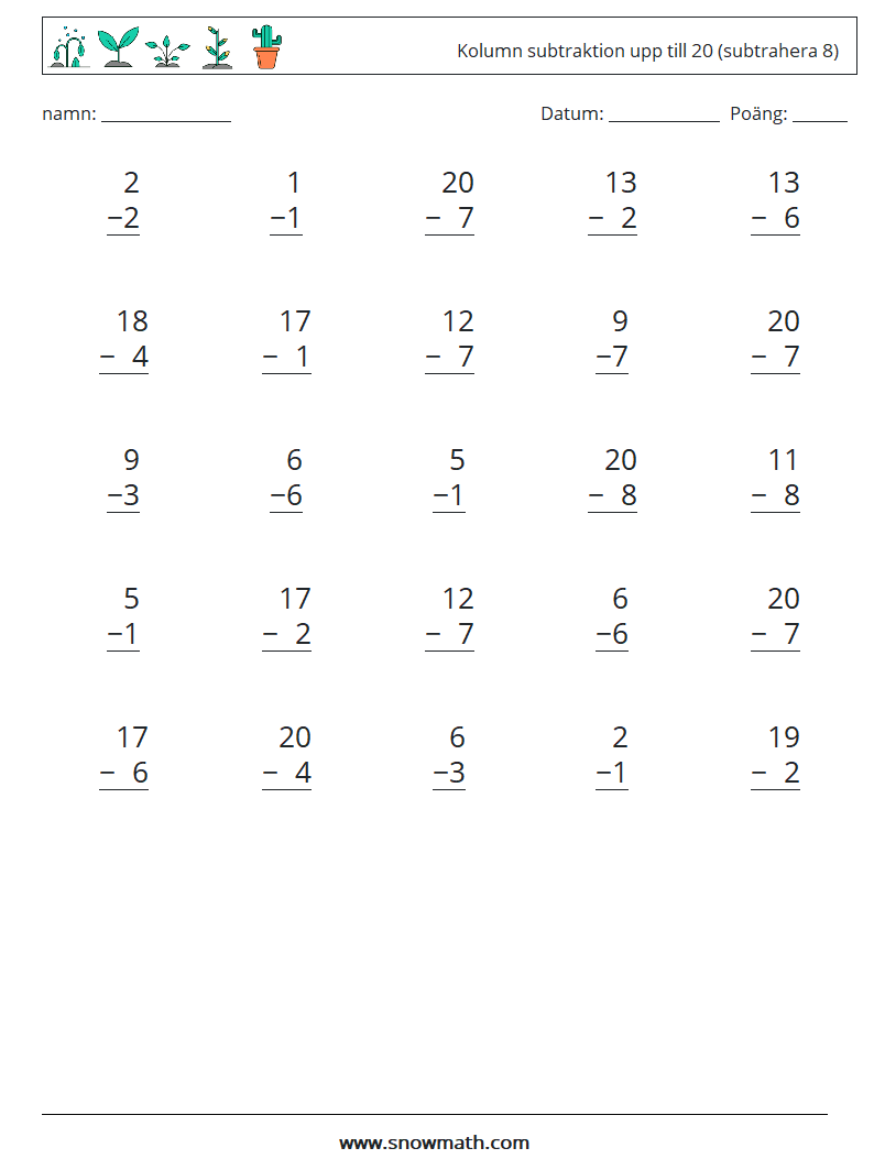 (25) Kolumn subtraktion upp till 20 (subtrahera 8) Matematiska arbetsblad 14