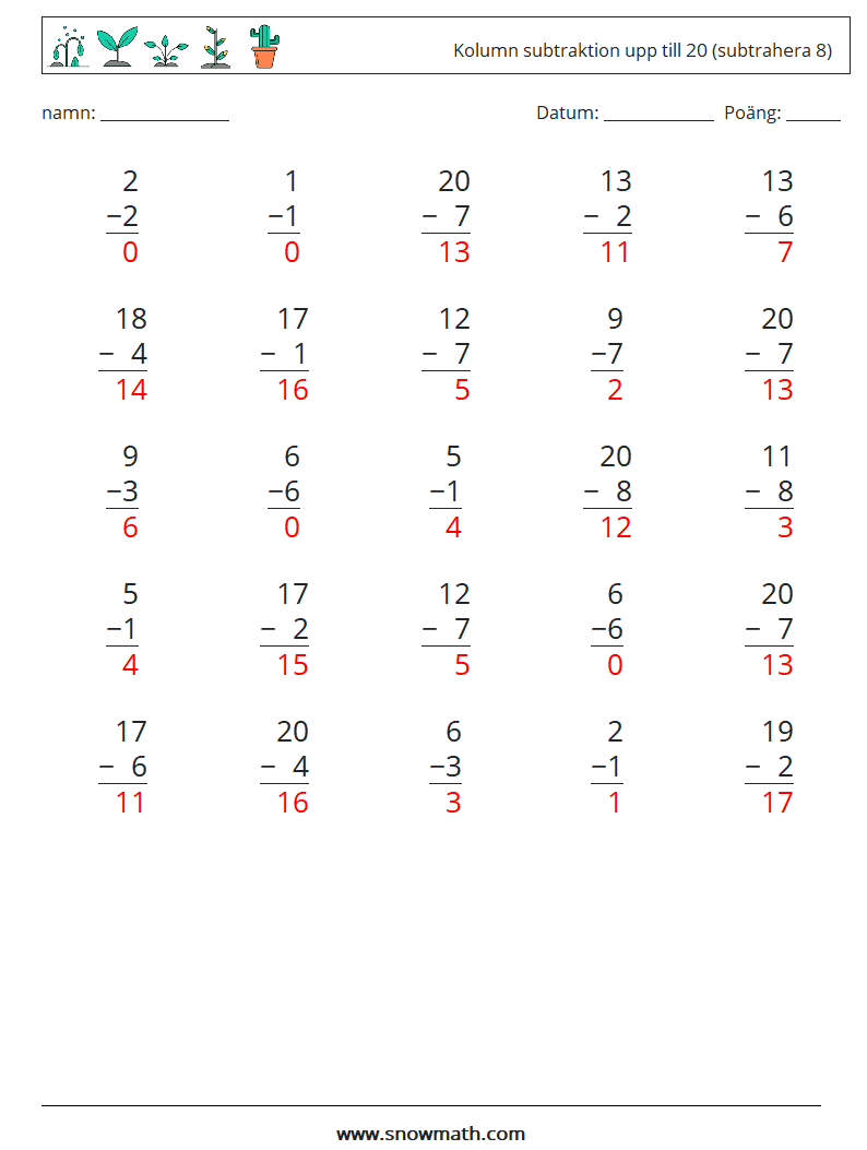 (25) Kolumn subtraktion upp till 20 (subtrahera 8) Matematiska arbetsblad 14 Fråga, svar