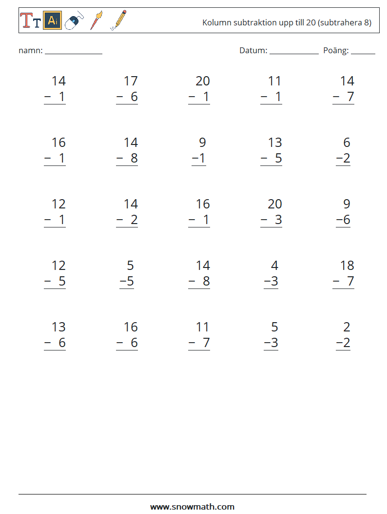 (25) Kolumn subtraktion upp till 20 (subtrahera 8) Matematiska arbetsblad 18