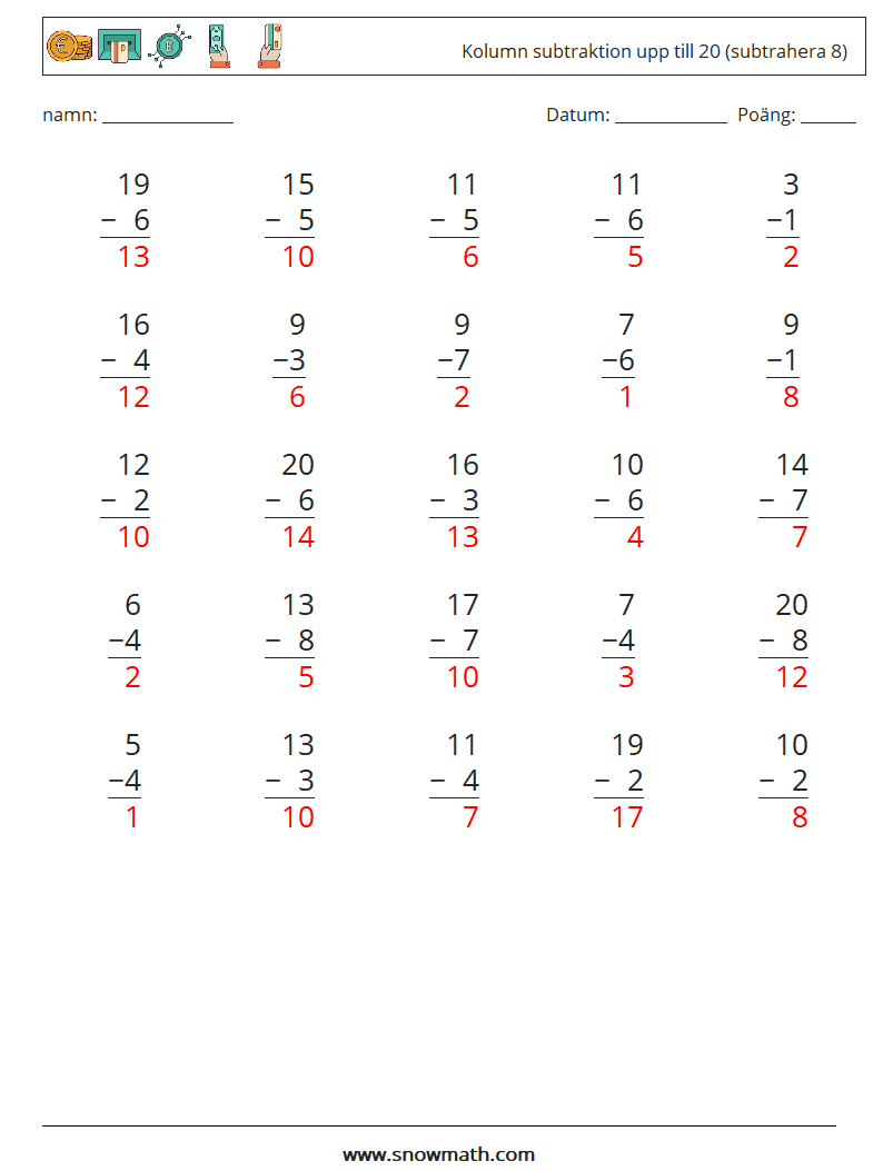 (25) Kolumn subtraktion upp till 20 (subtrahera 8) Matematiska arbetsblad 1 Fråga, svar