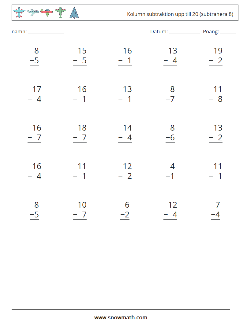 (25) Kolumn subtraktion upp till 20 (subtrahera 8) Matematiska arbetsblad 3