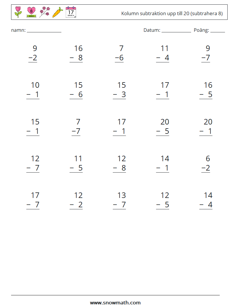 (25) Kolumn subtraktion upp till 20 (subtrahera 8) Matematiska arbetsblad 4