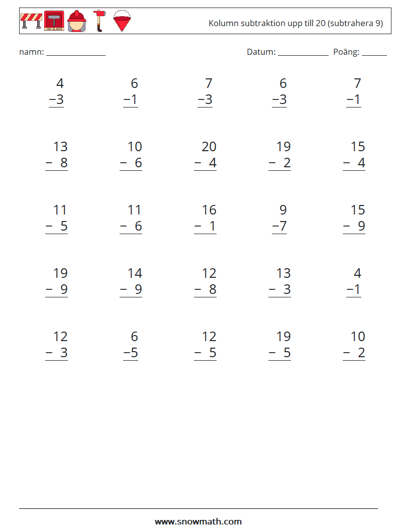 (25) Kolumn subtraktion upp till 20 (subtrahera 9) Matematiska arbetsblad 1