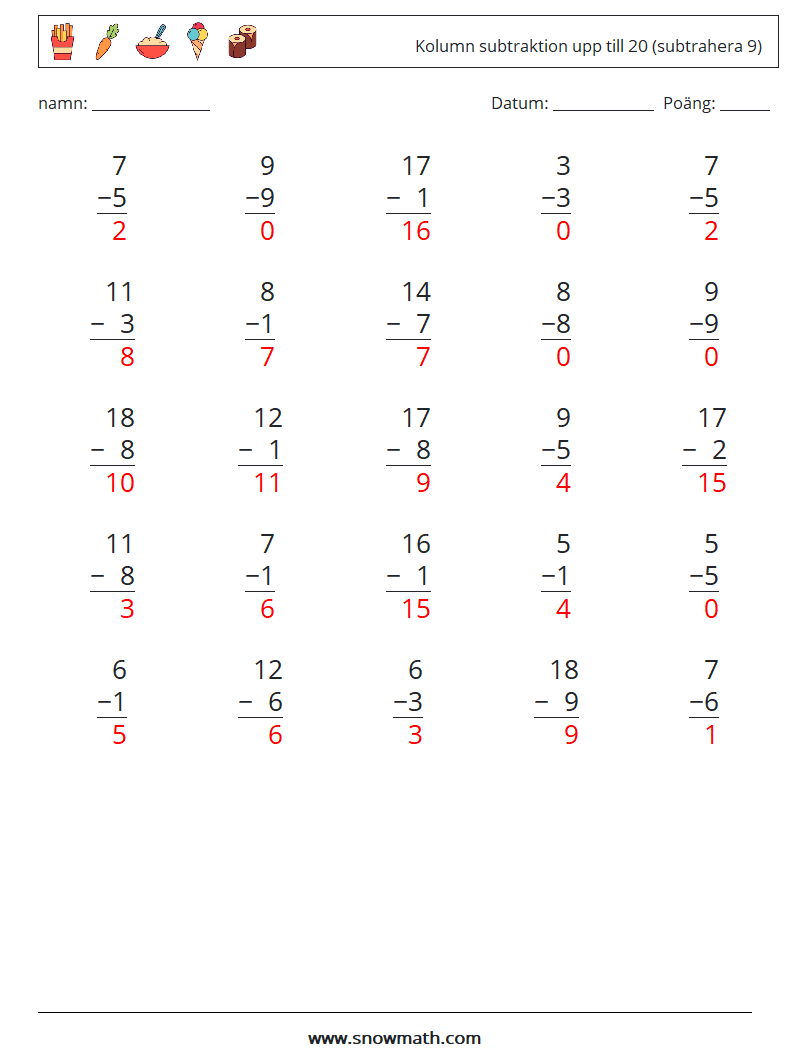 (25) Kolumn subtraktion upp till 20 (subtrahera 9) Matematiska arbetsblad 10 Fråga, svar