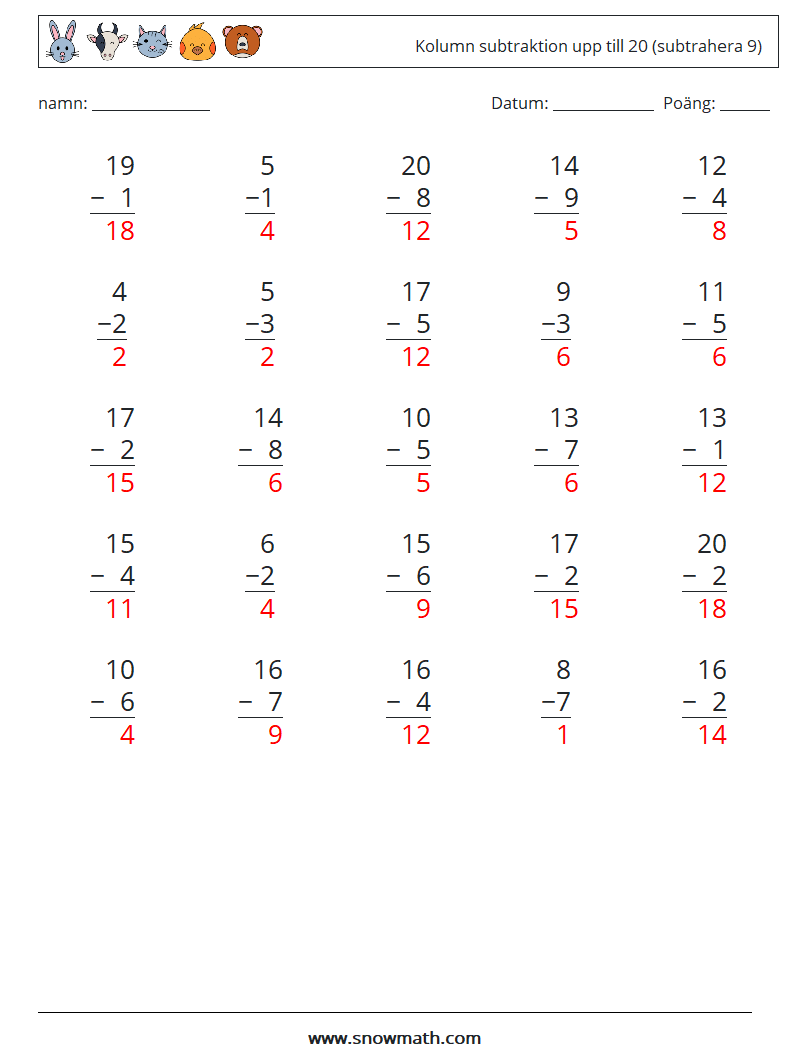 (25) Kolumn subtraktion upp till 20 (subtrahera 9) Matematiska arbetsblad 11 Fråga, svar