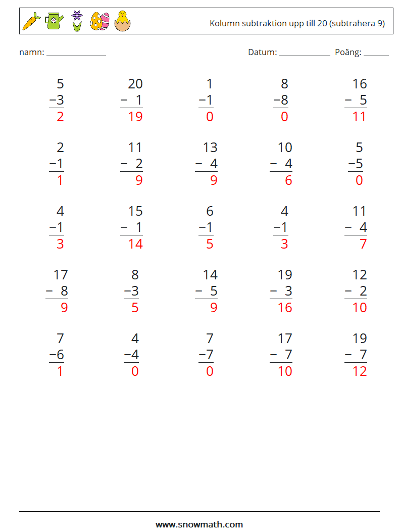 (25) Kolumn subtraktion upp till 20 (subtrahera 9) Matematiska arbetsblad 14 Fråga, svar