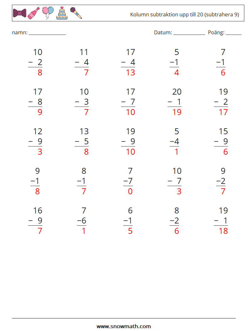 (25) Kolumn subtraktion upp till 20 (subtrahera 9) Matematiska arbetsblad 16 Fråga, svar