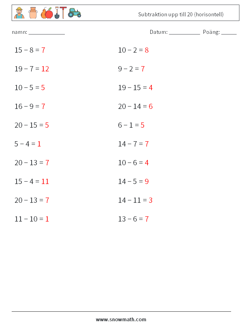 (20) Subtraktion upp till 20 (horisontell) Matematiska arbetsblad 1 Fråga, svar