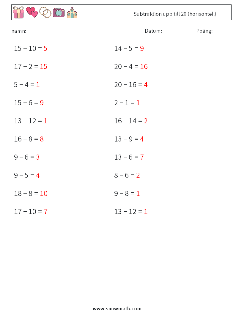 (20) Subtraktion upp till 20 (horisontell) Matematiska arbetsblad 2 Fråga, svar