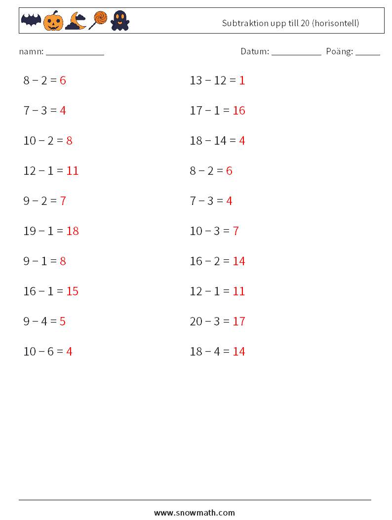 (20) Subtraktion upp till 20 (horisontell) Matematiska arbetsblad 3 Fråga, svar
