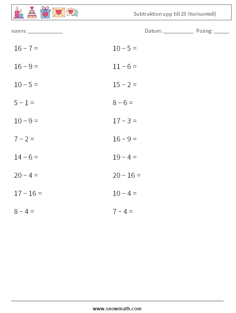 (20) Subtraktion upp till 20 (horisontell) Matematiska arbetsblad 5