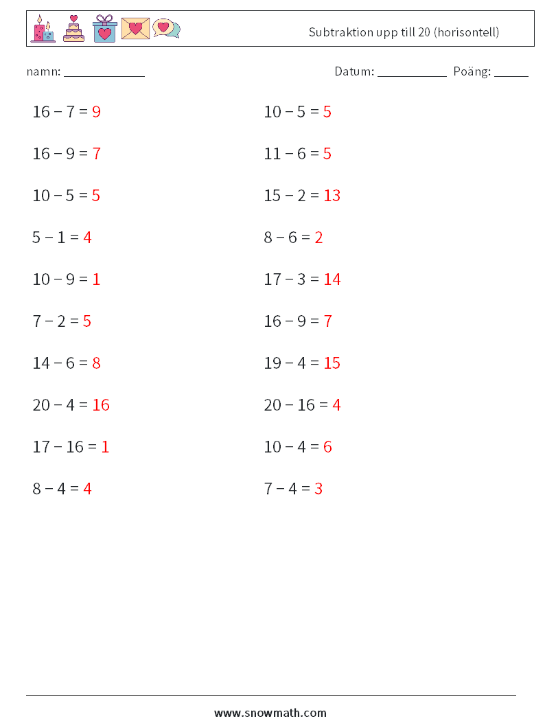 (20) Subtraktion upp till 20 (horisontell) Matematiska arbetsblad 5 Fråga, svar