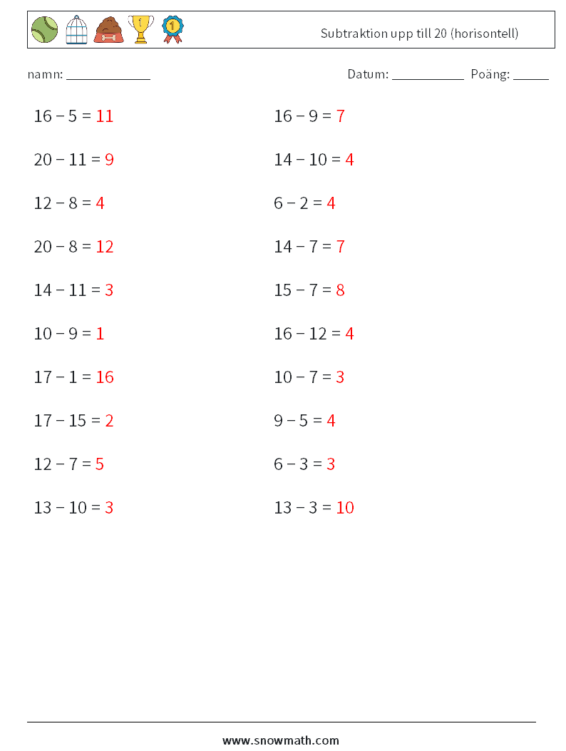 (20) Subtraktion upp till 20 (horisontell) Matematiska arbetsblad 6 Fråga, svar