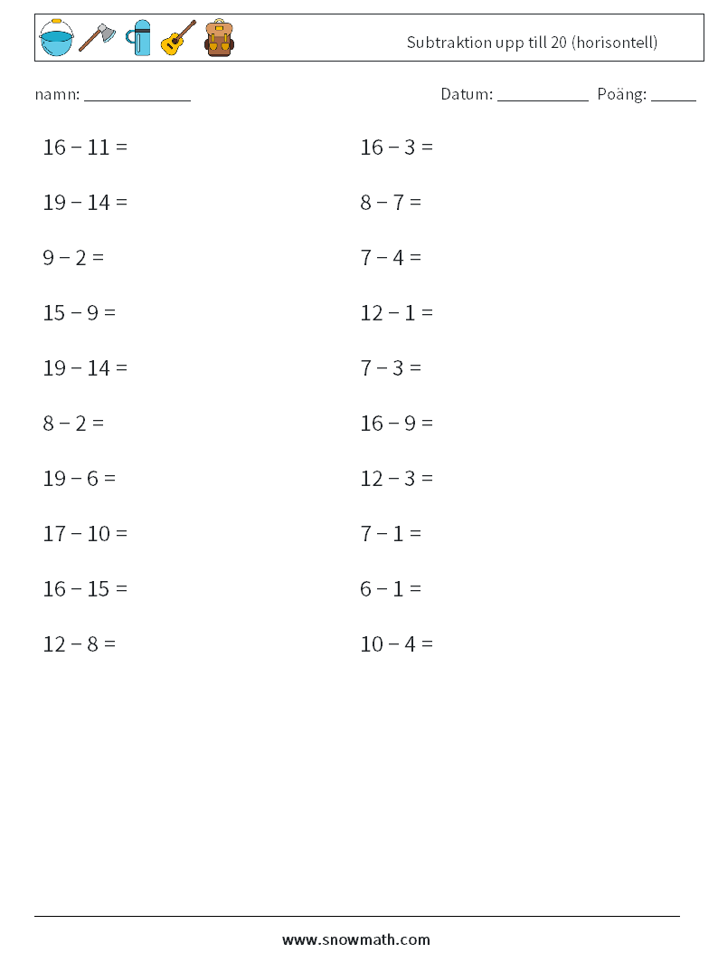 (20) Subtraktion upp till 20 (horisontell) Matematiska arbetsblad 7