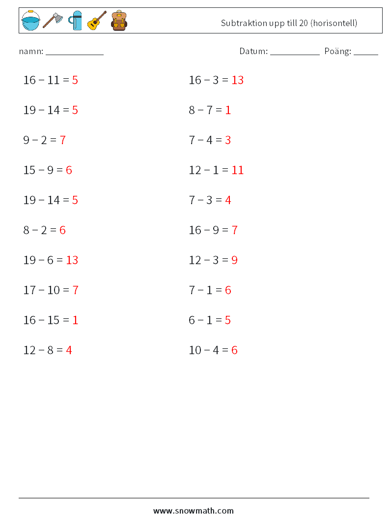 (20) Subtraktion upp till 20 (horisontell) Matematiska arbetsblad 7 Fråga, svar
