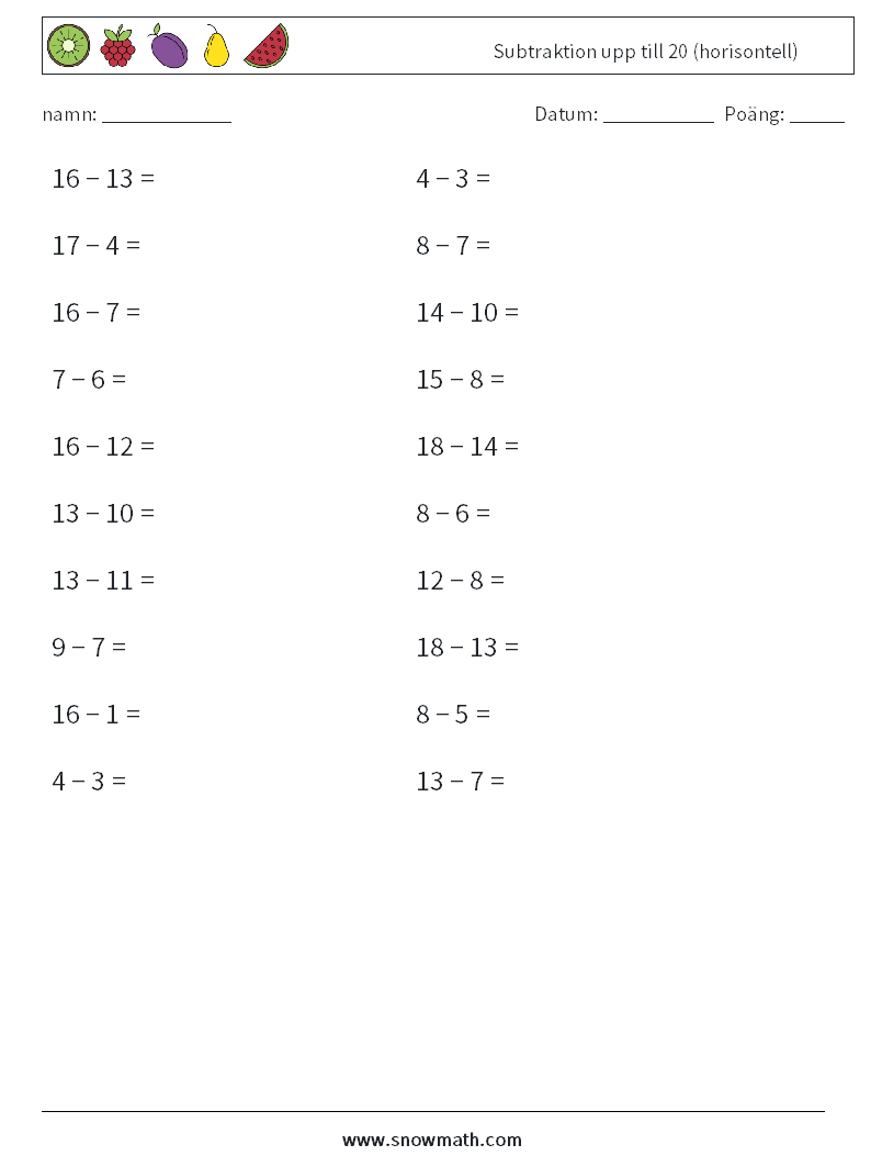 (20) Subtraktion upp till 20 (horisontell) Matematiska arbetsblad 8